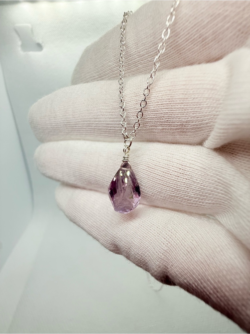 Dainty Lavender Ametrine Gemstone Briolette Drop Necklace Silver Chain Boho Chic